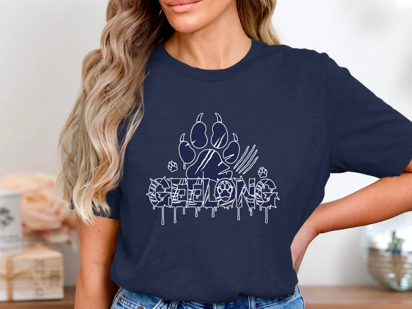 Geelong Paw Print Navy & White Graphic Tee Footy Fan Geelong Cats tshirt