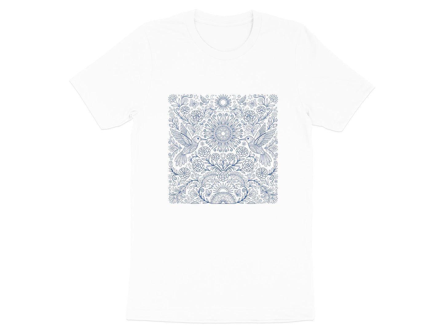 Blue Hummingbird & Floral Mandla T-Shirt - Intricate Line Art