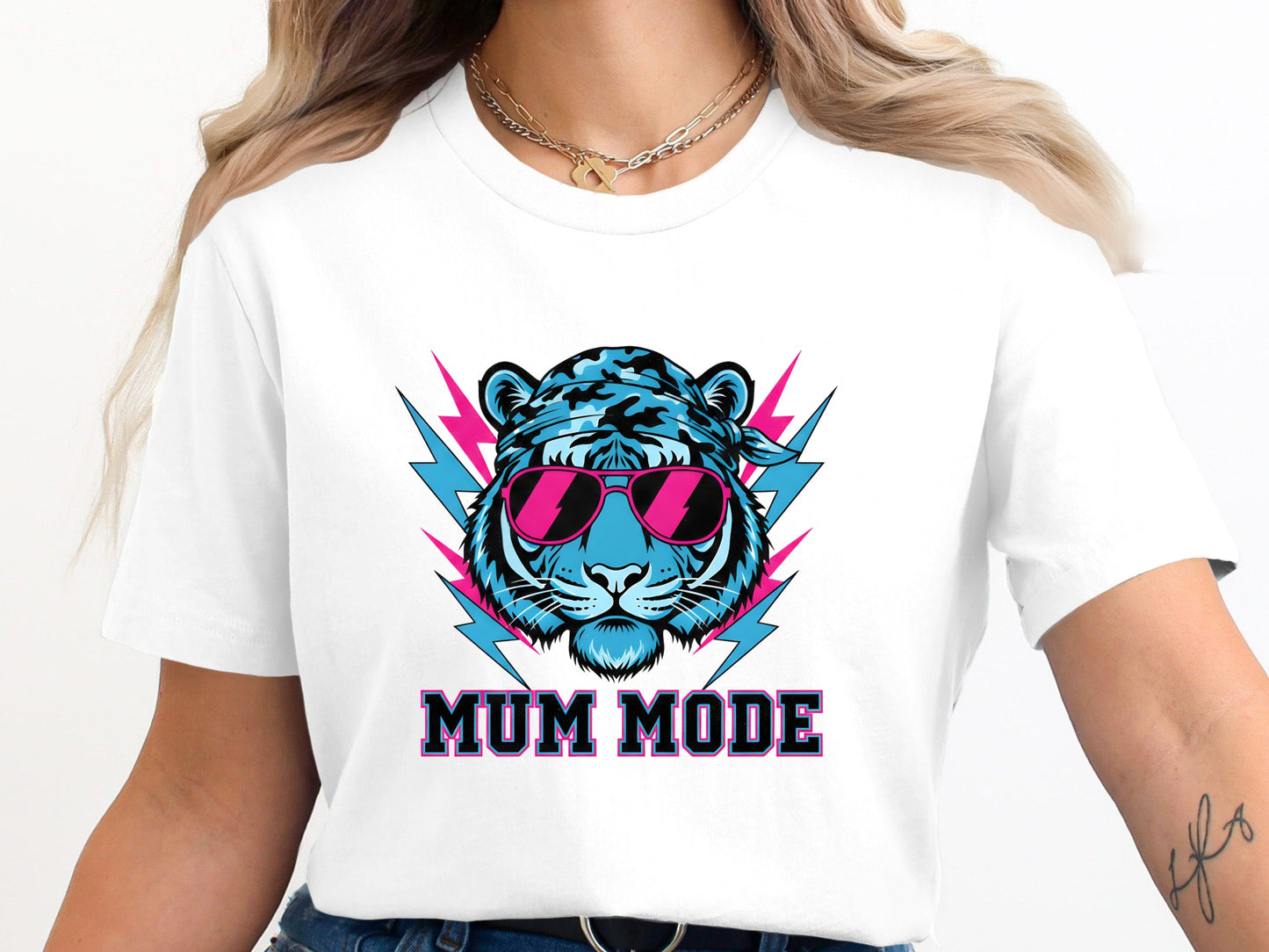 Blue Tiger Mum Mode Retro Tee - Neon Synthwave Streetwear