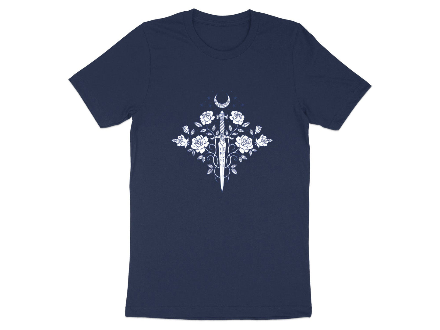 Celestial Dagger & Roses T-Shirt - Mystical Line Art Tee