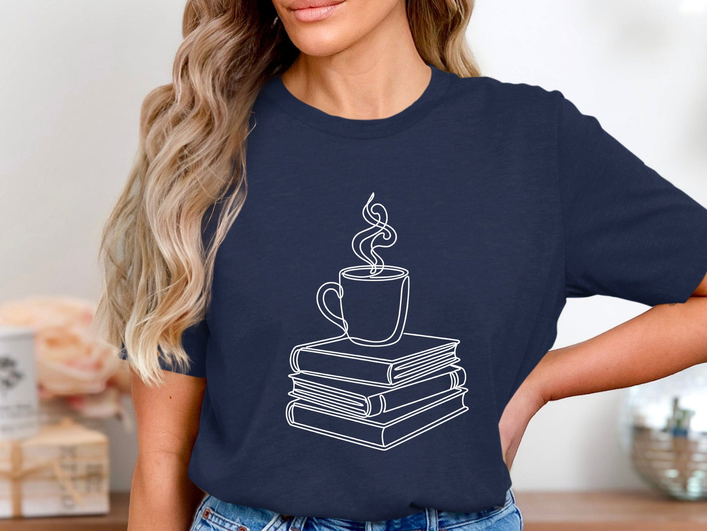 Minimalist Book Stack and Coffee Line Art Tee