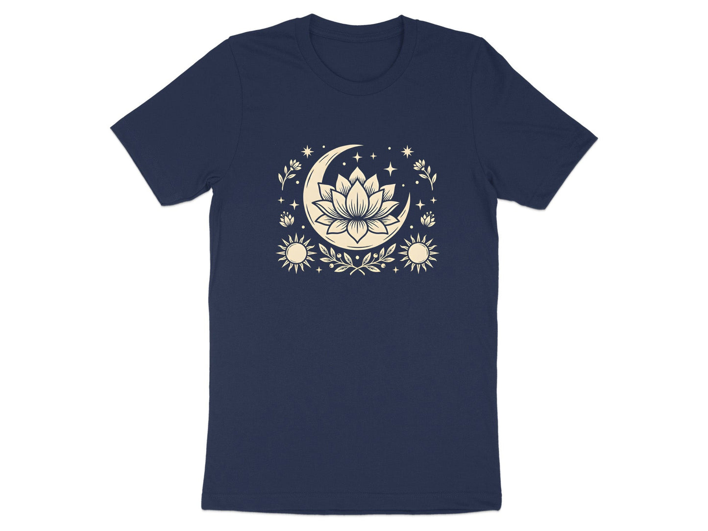 Mystic Lotus & Crescent Moon Tee – Boho Cream Detail T-Shirt