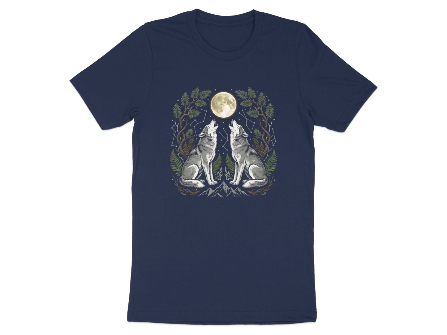 Twin Howling Wolves Moon T-Shirt - Forest Constellation Art