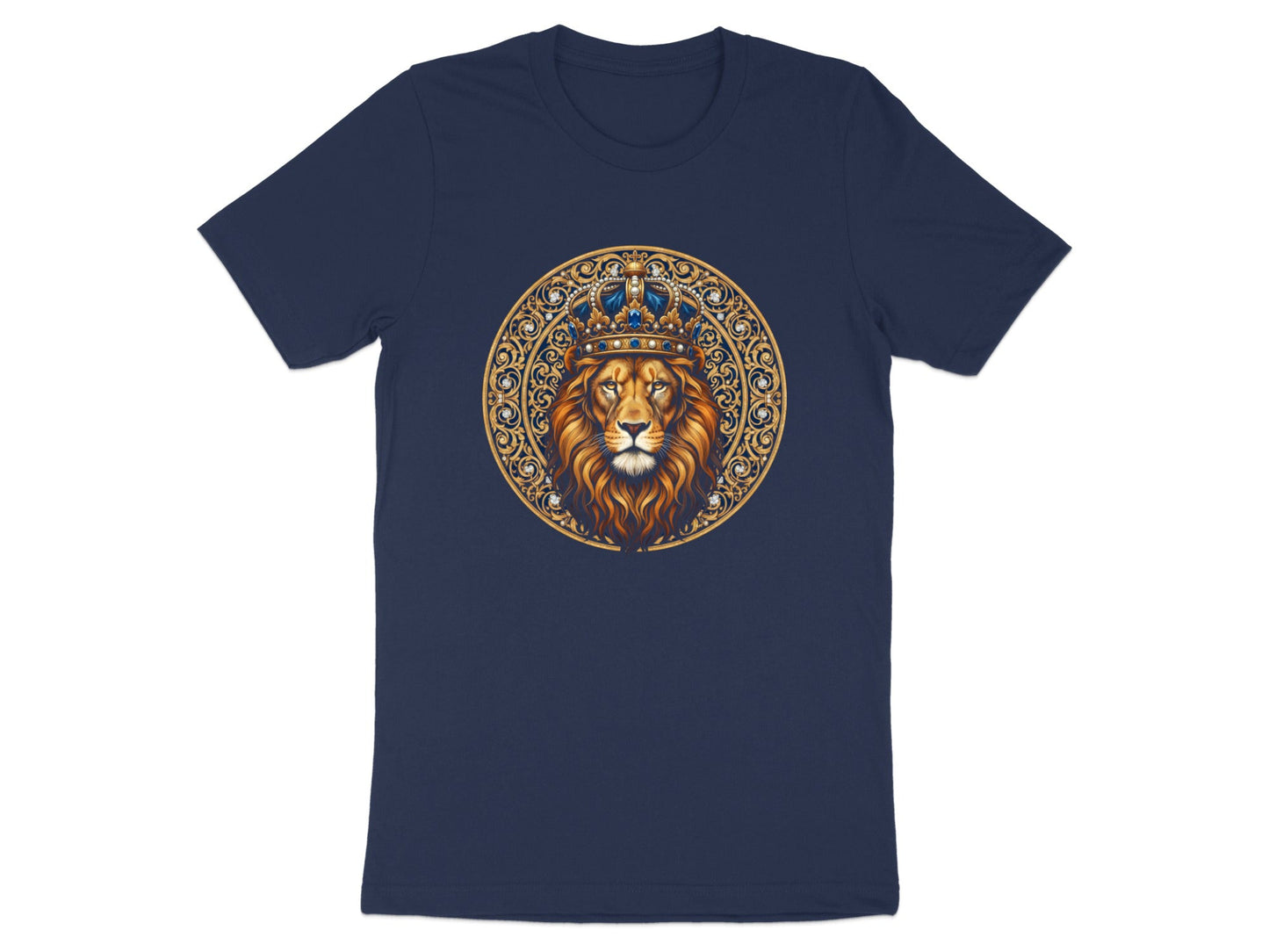 Majestic Crowned Lion T-Shirt - Ornate Gold & Blue Crest
