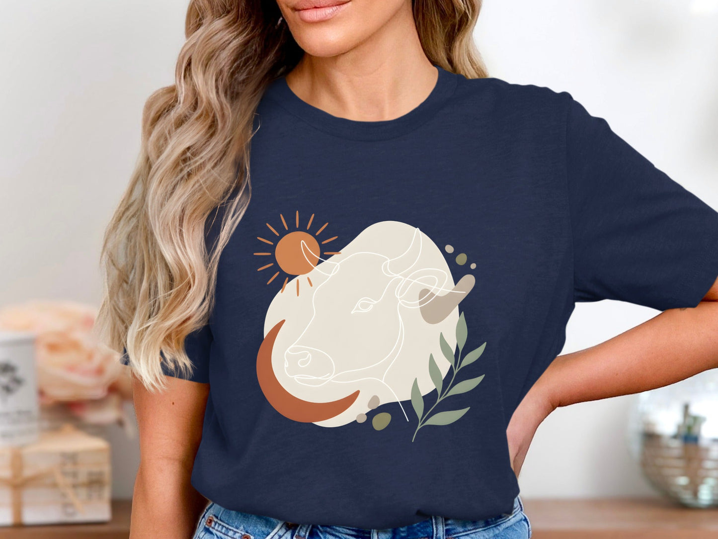 Abstract Bull & Sun Line Art T-Shirt - Mid-Century Modern