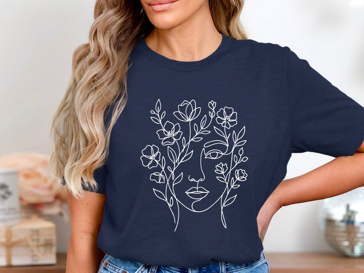 Floral Face Minimalist Line Art T-Shirt