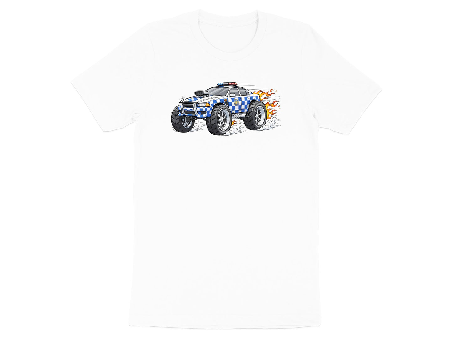 Monster Police Truck T-Shirt - Blue Checkered Flame Design