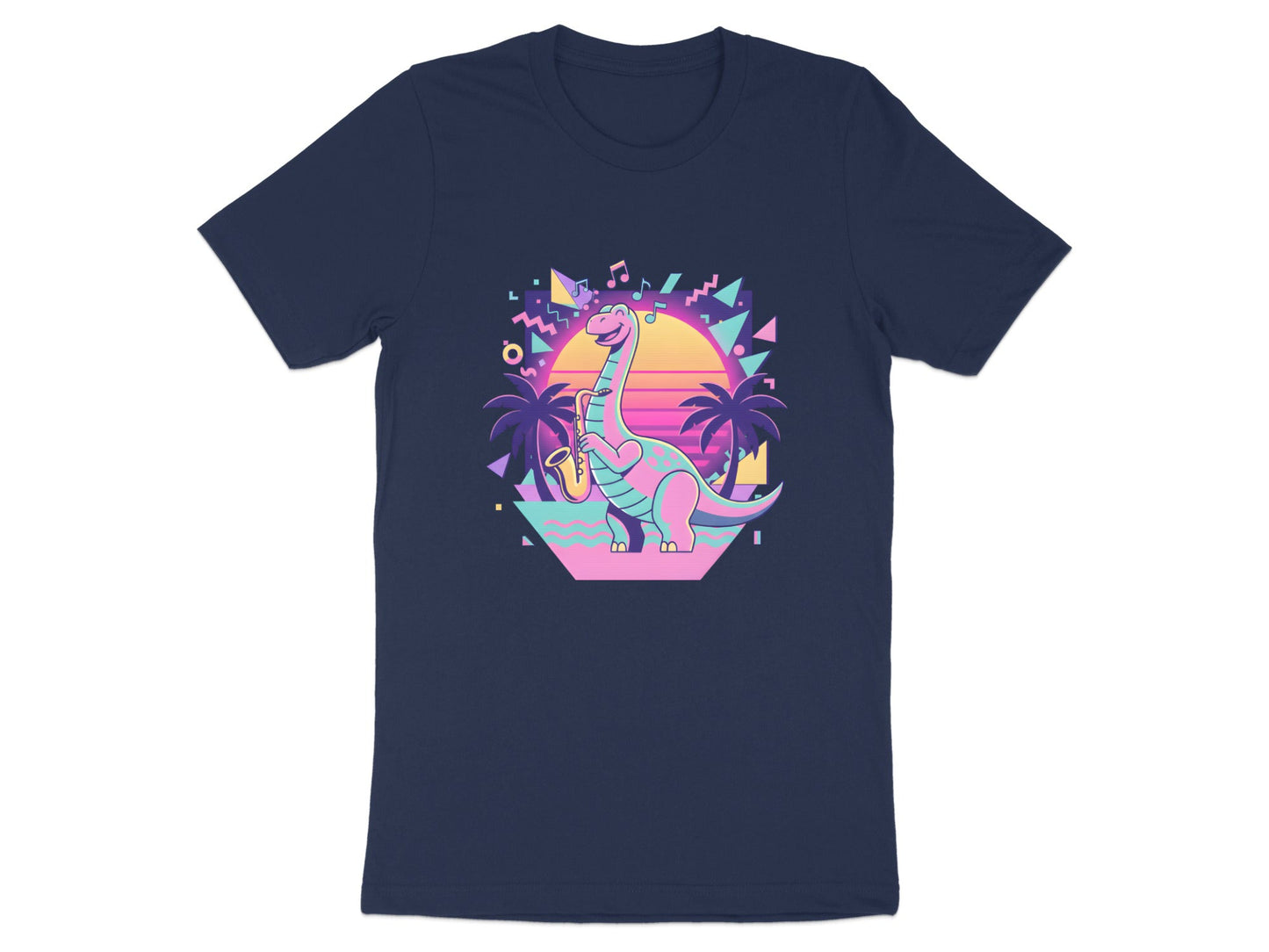 Neon Saxophone Dinosaur T-Shirt - 80s Synthwave Vibes