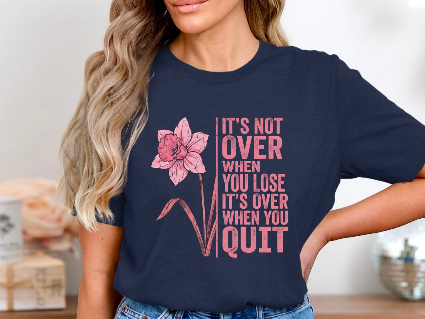 Pink Daffodil Never Quit Motivational T-Shirt