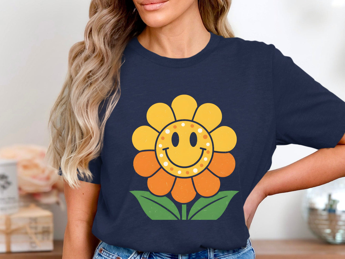 Retro Smiley Sunflower Graphic T-Shirt