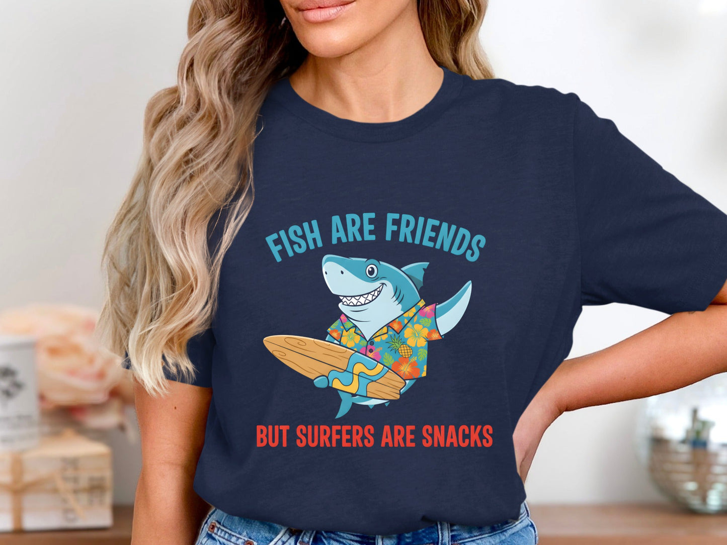 Funny Surf Shark 'Fish Are Friends But Surfers Are Snacks' Tee