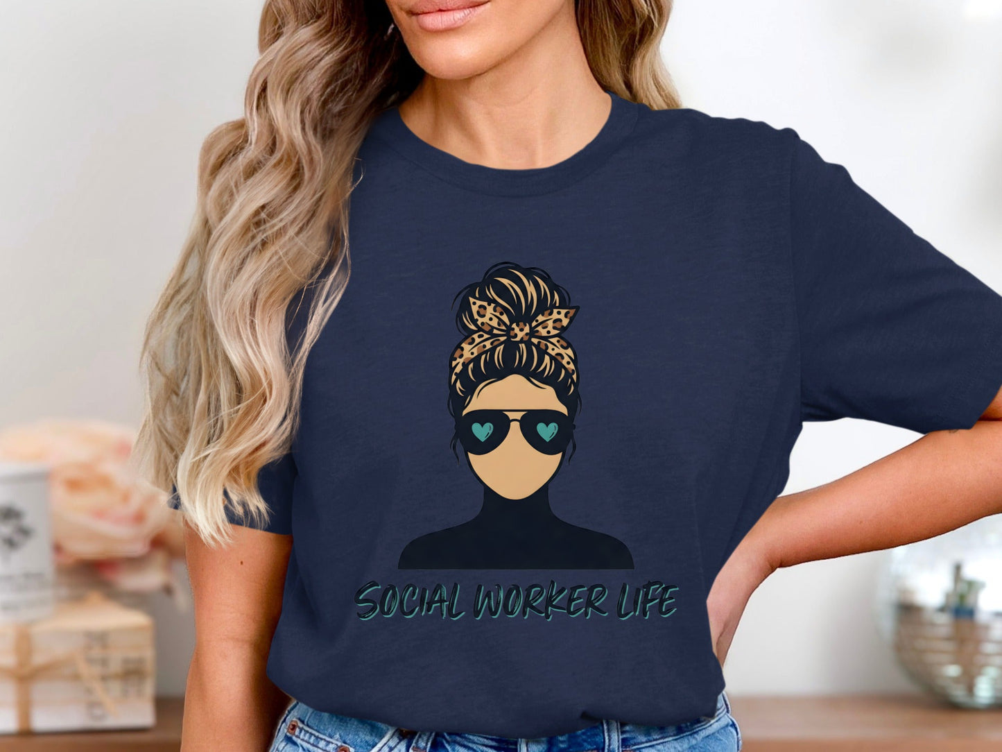 Social Worker Life T-Shirt - Messy Bun & Aviators Design