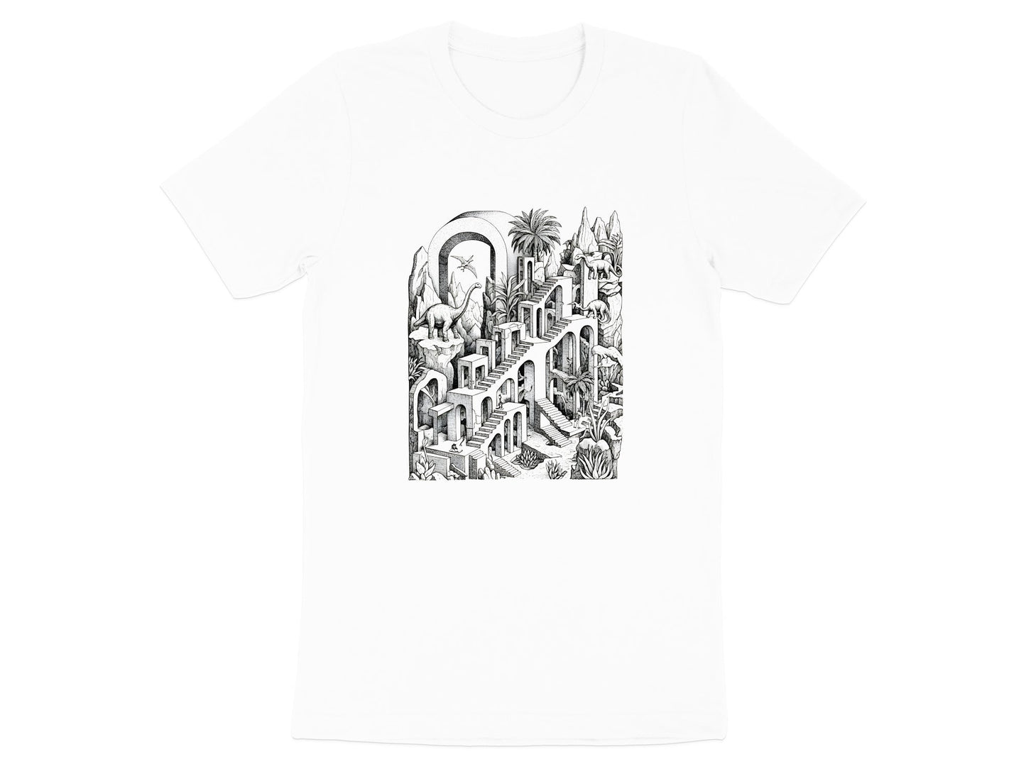 Surreal Dinosaur Stairs T-Shirt - Escher Inspired Fine Art