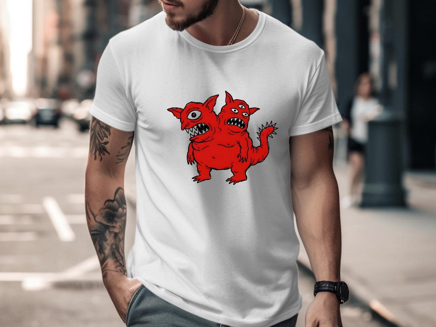 Two-Headed Red Kaiju Monster Graphic Tee