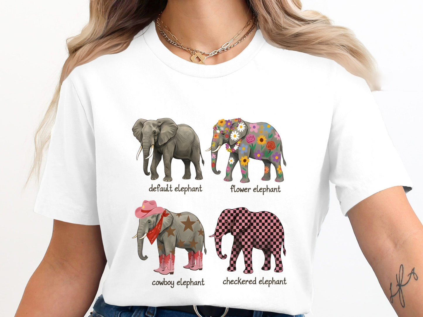Various Elephant Designs T-Shirt - Flower, Cowboy & Checkered