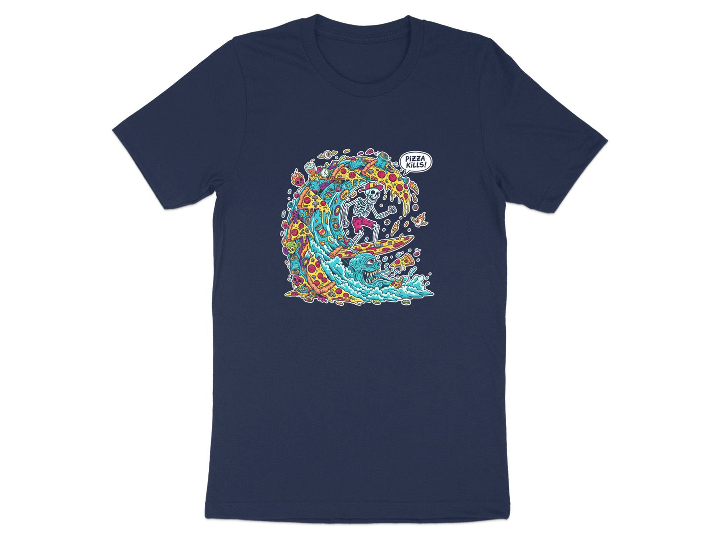 Surfing Skeleton Pizza Wave T-Shirt