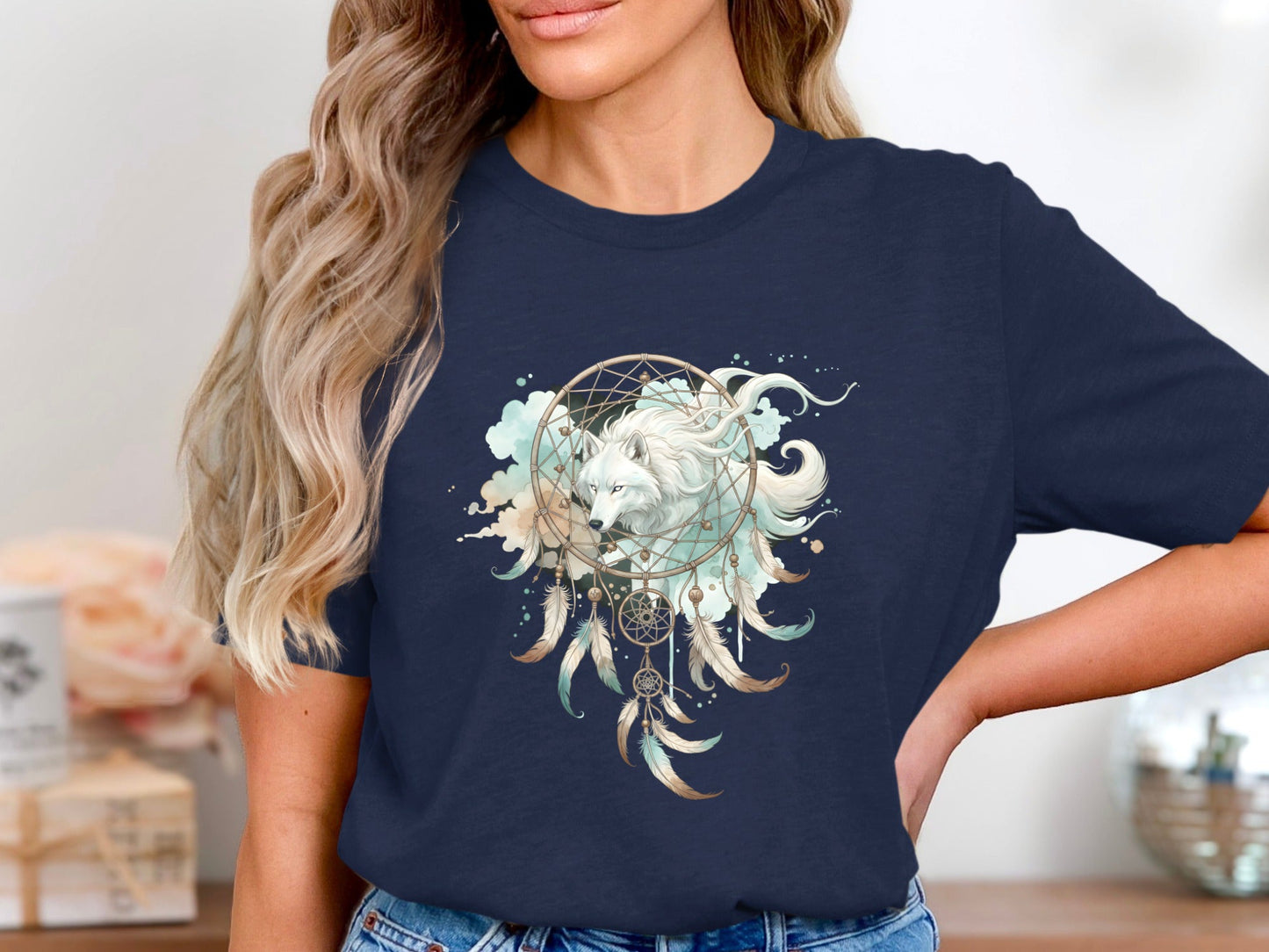 White Wolf Dreamcatcher T-Shirt - Mystical Spirit Animal Art
