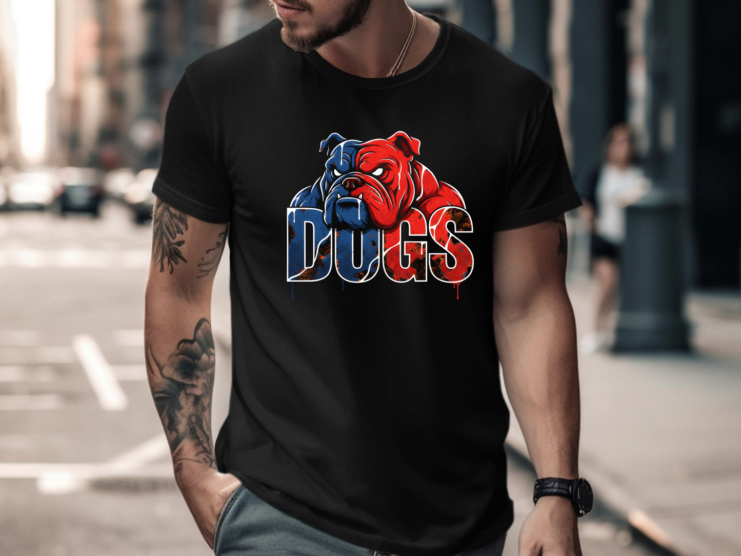 Red & Blue Bulldog Mascot Illustration Tee