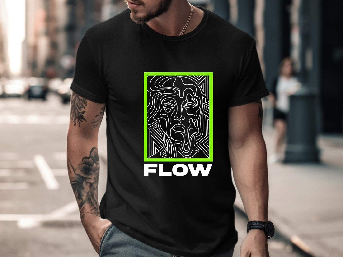 Lime Green Flow Line Art Face T-Shirt