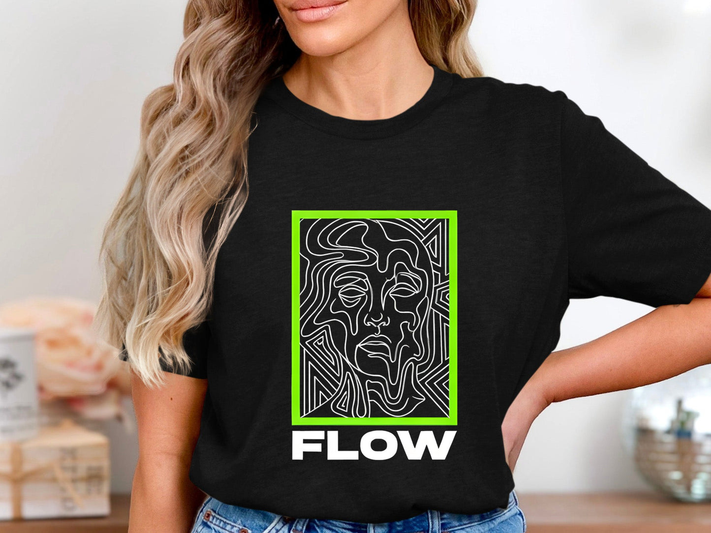 Lime Green Flow Line Art Face T-Shirt
