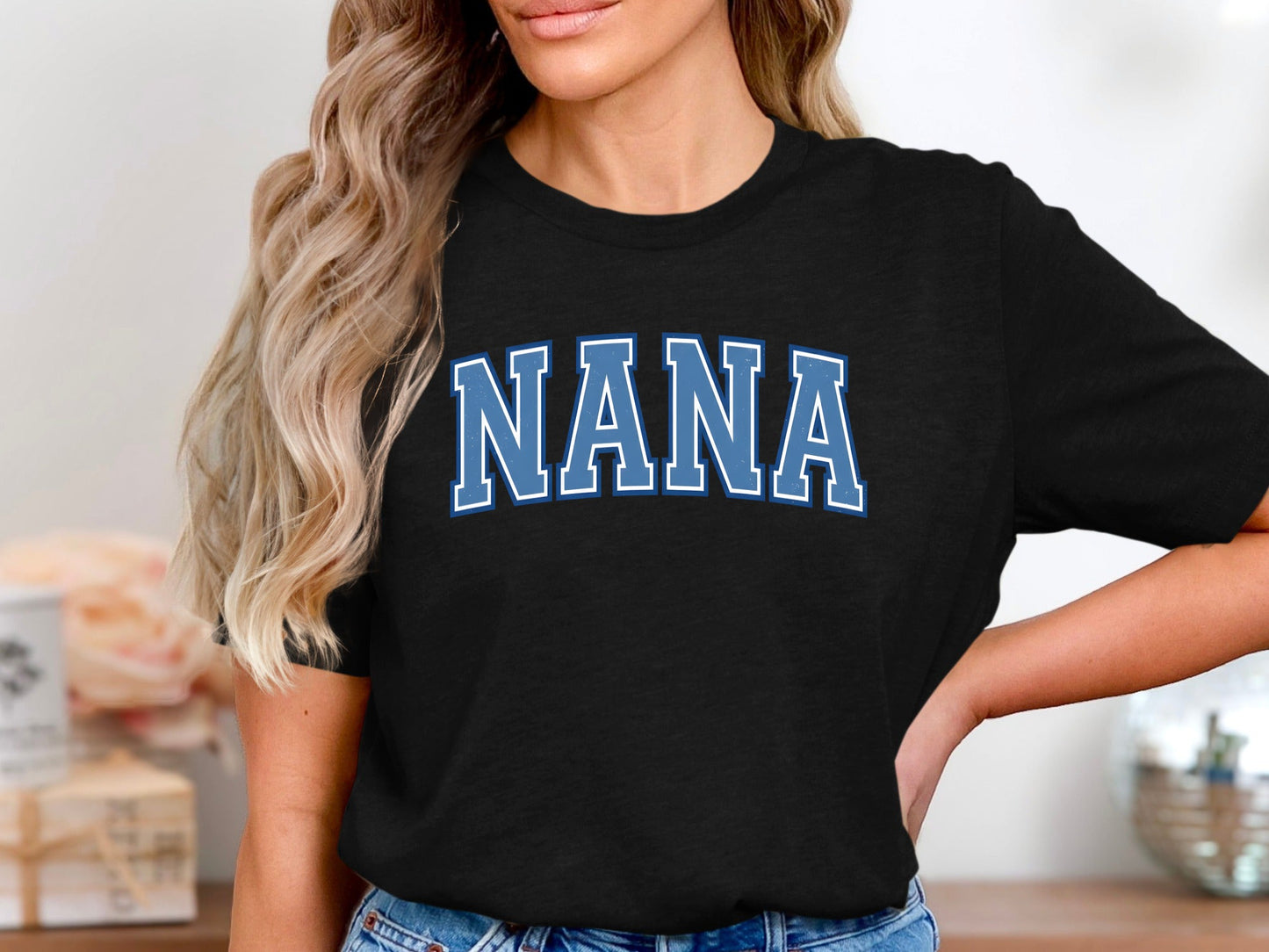 Classic Arched Nana Varsity Tee - Distressed College Font Shirt