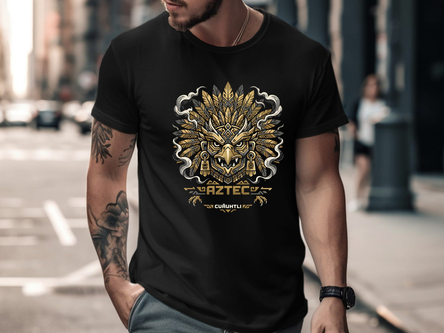 Aztec Eagle Warrior Graphic T-Shirt - Cuauhtli Gold Edition