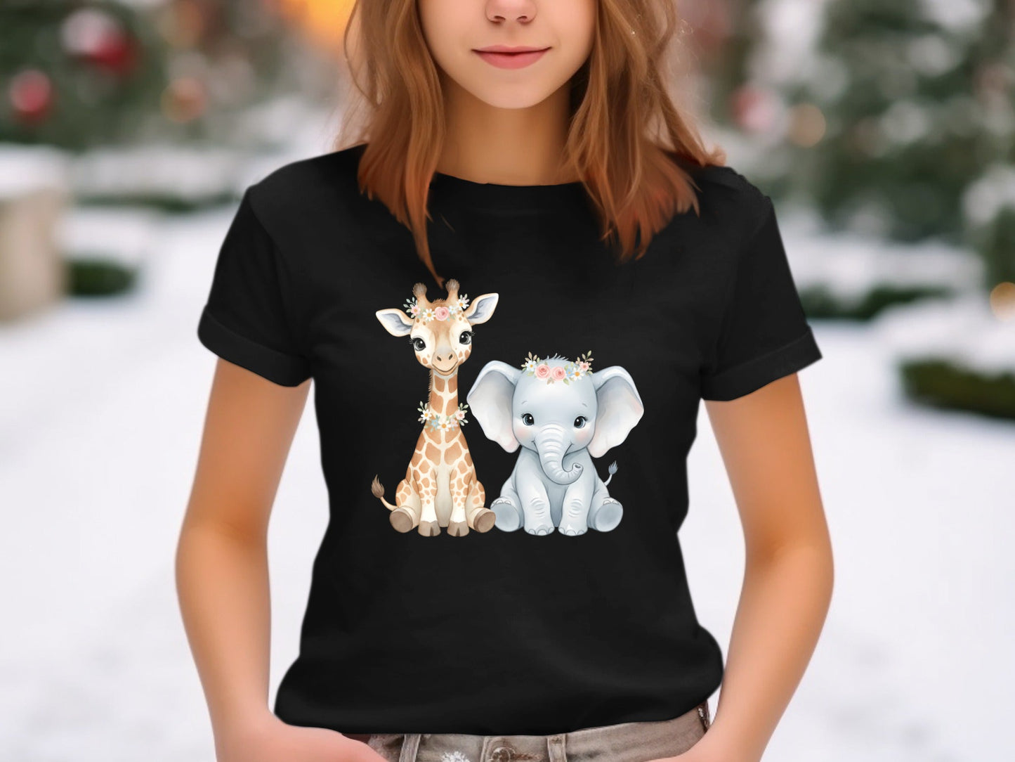 Cute Baby Giraffe & Elephant Watercolour Tee