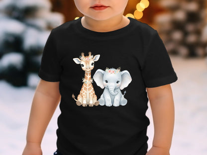 Cute Baby Giraffe & Elephant Watercolour Tee