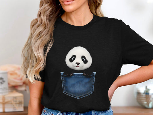 Baby Panda Pocket T-Shirt - Cute Peeking Panda Graphic