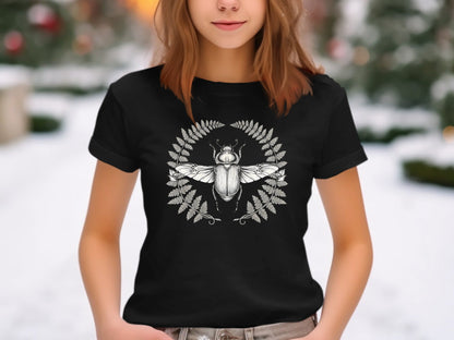 Metallic Beetle & Fern T-Shirt - Botanical Insect Art