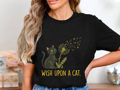 Black Cat Dandelion Paw Prints Whimsical T-Shirt