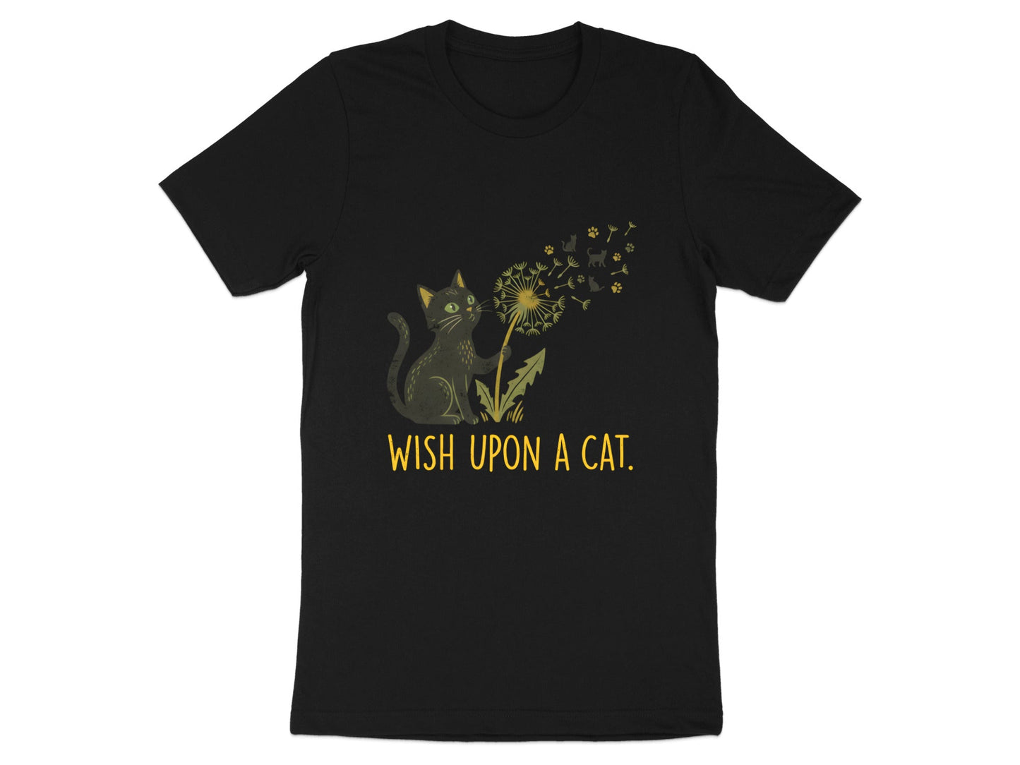 Black Cat Dandelion Paw Prints Whimsical T-Shirt