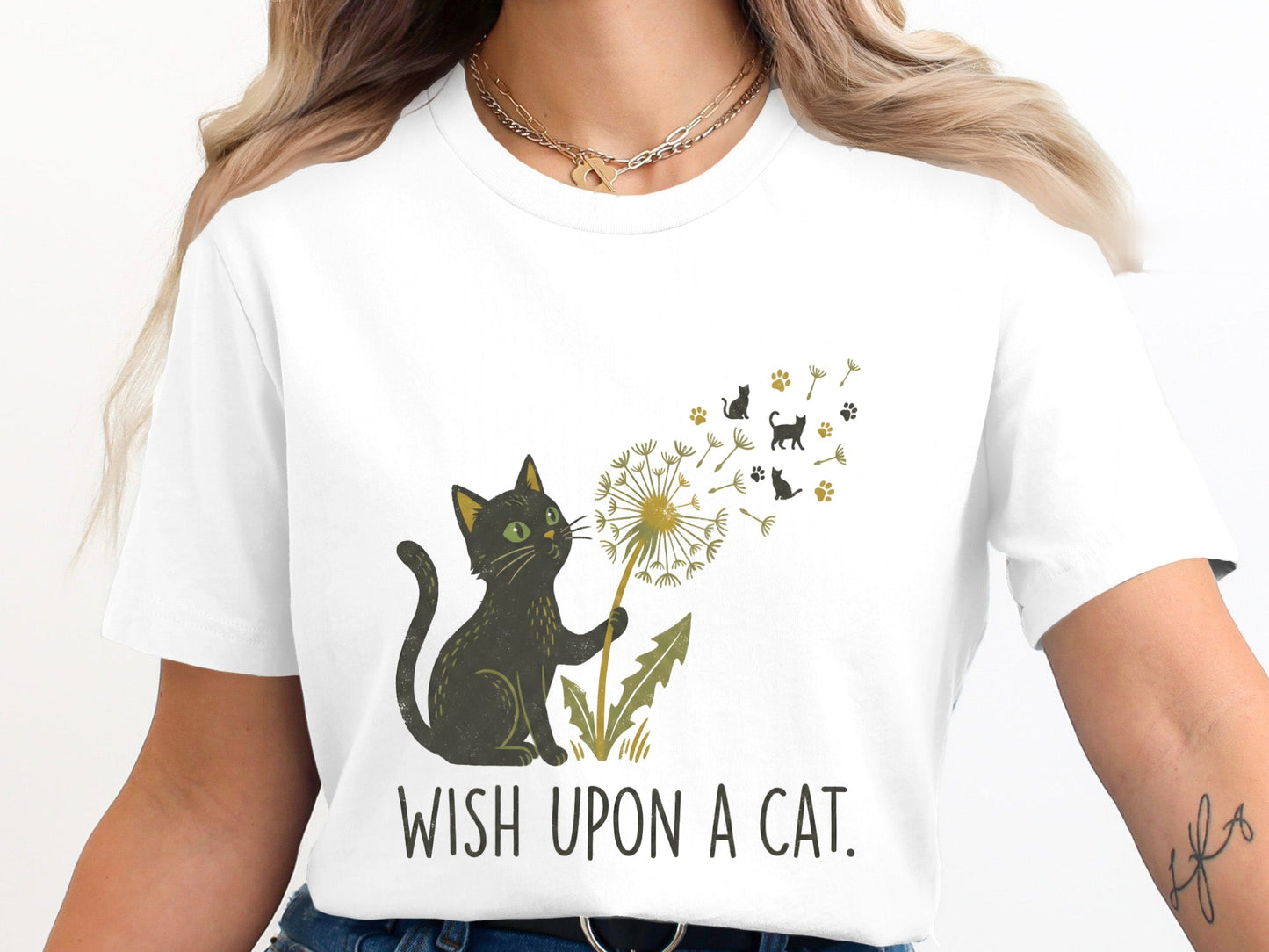 Black Cat Dandelion Paw Prints Whimsical T-Shirt