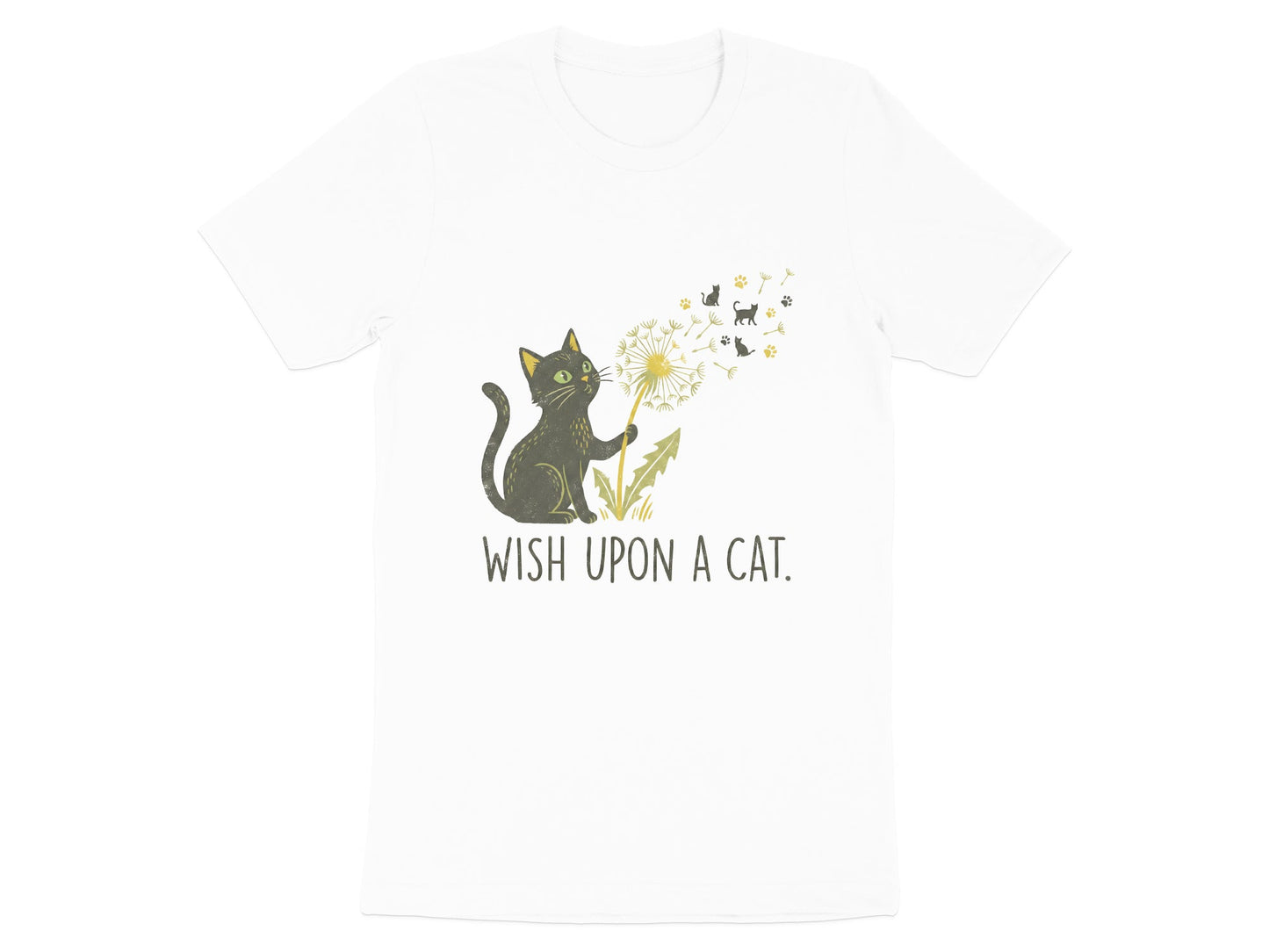 Black Cat Dandelion Paw Prints Whimsical T-Shirt