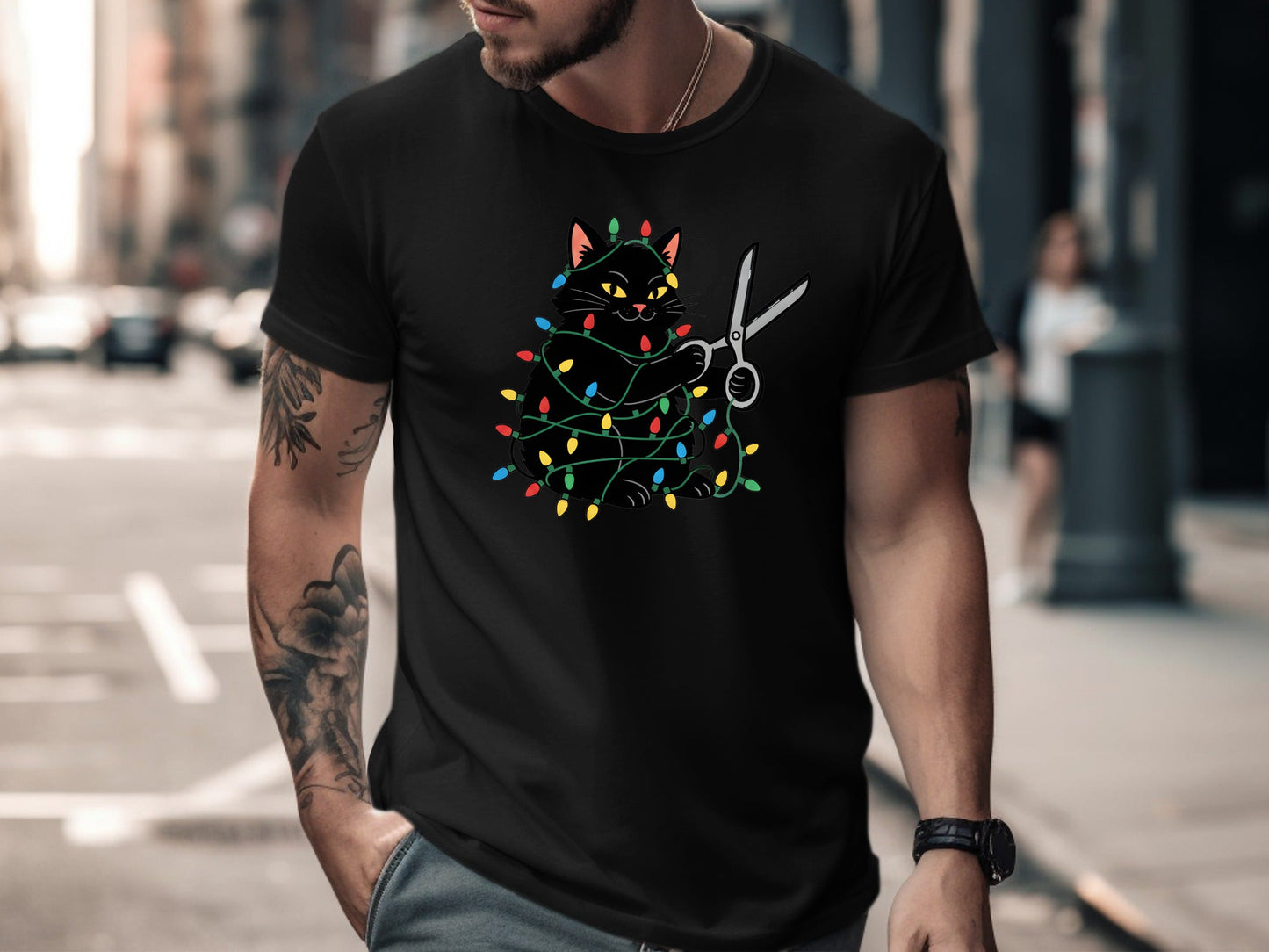 Naughty Black Cat Christmas Lights T-Shirt
