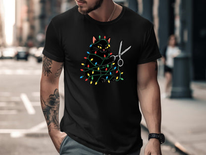 Naughty Black Cat Christmas Lights T-Shirt