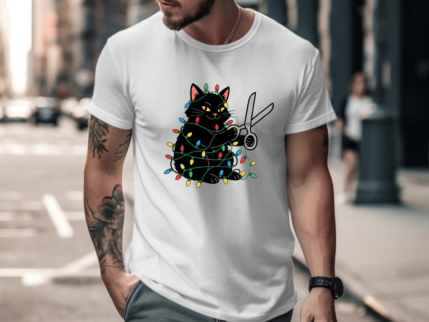Naughty Black Cat Christmas Lights T-Shirt