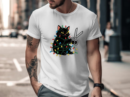 Naughty Black Cat Christmas Lights T-Shirt
