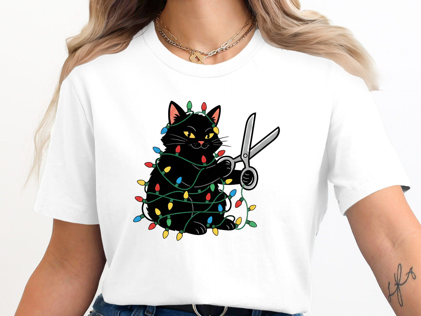 Naughty Black Cat Christmas Lights T-Shirt