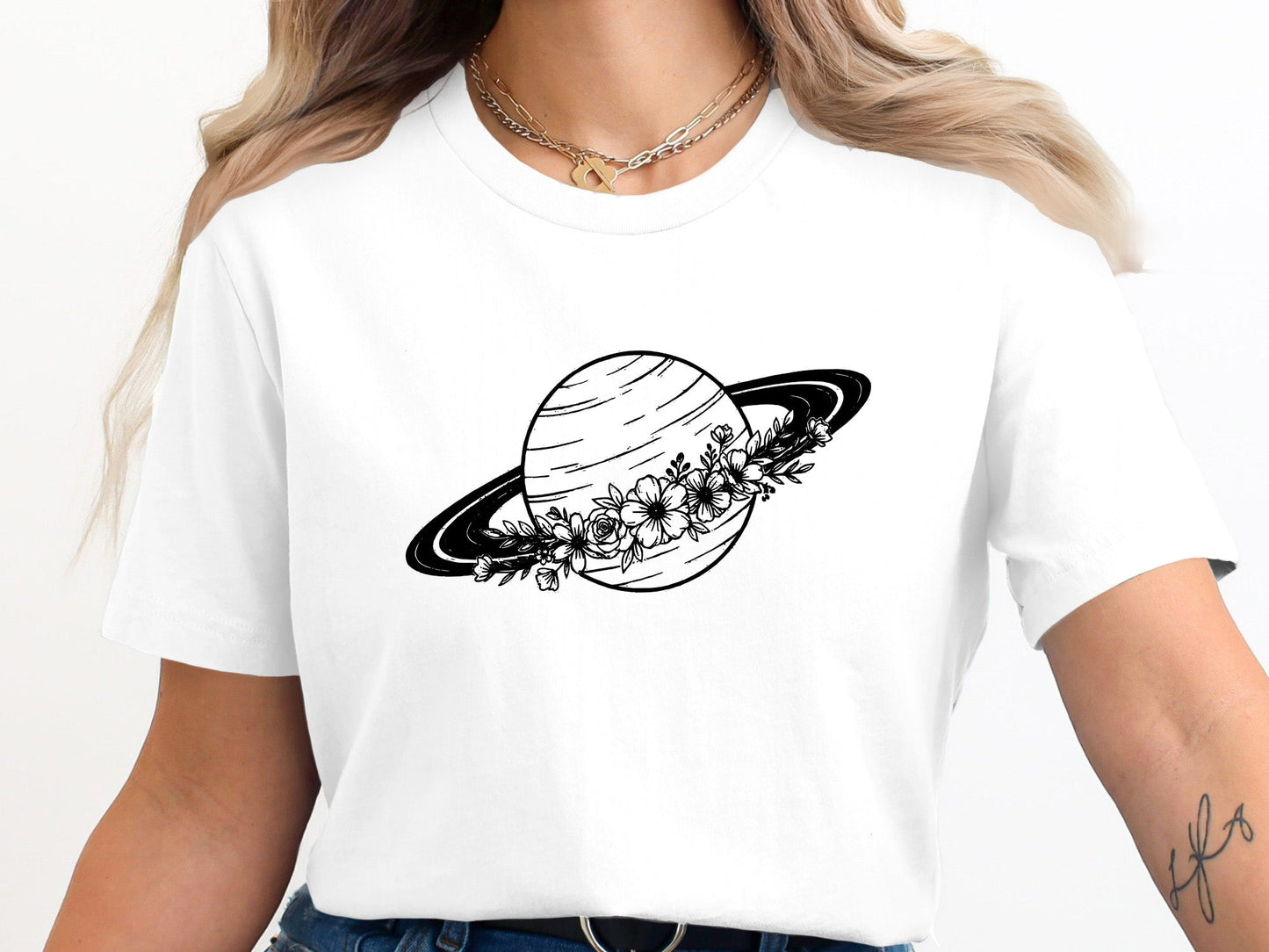 Floral Saturn Planet Tee – Line Art Celestial T-Shirt