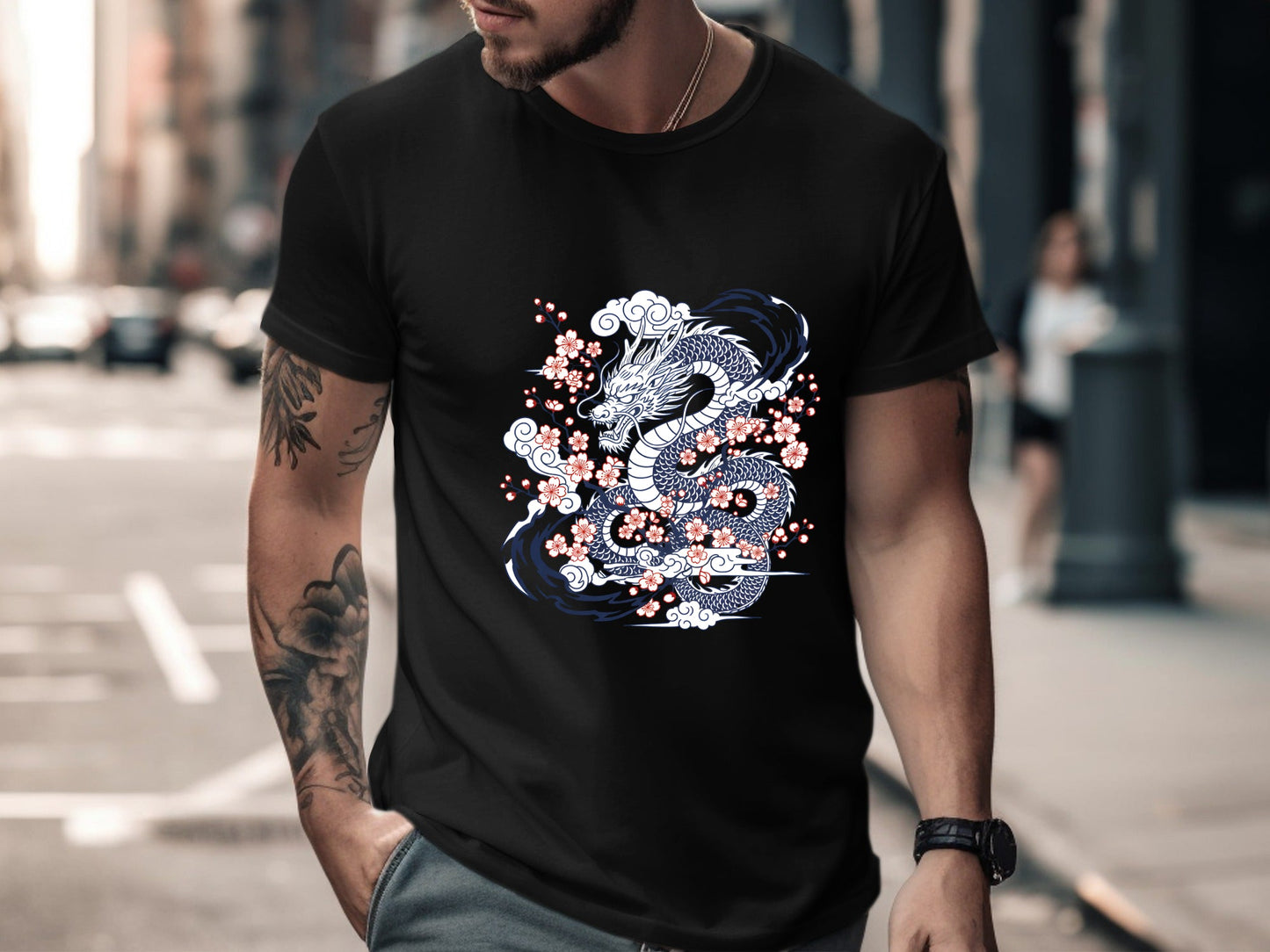 Blue Dragon & Cherry Blossoms T-Shirt - Oriental Art Style