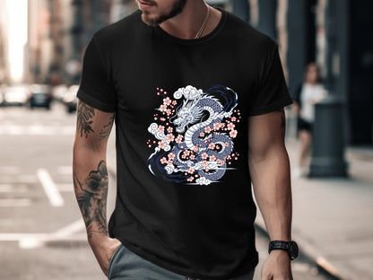Blue Dragon & Cherry Blossoms T-Shirt - Oriental Art Style