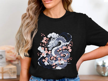 Blue Dragon & Cherry Blossoms T-Shirt - Oriental Art Style