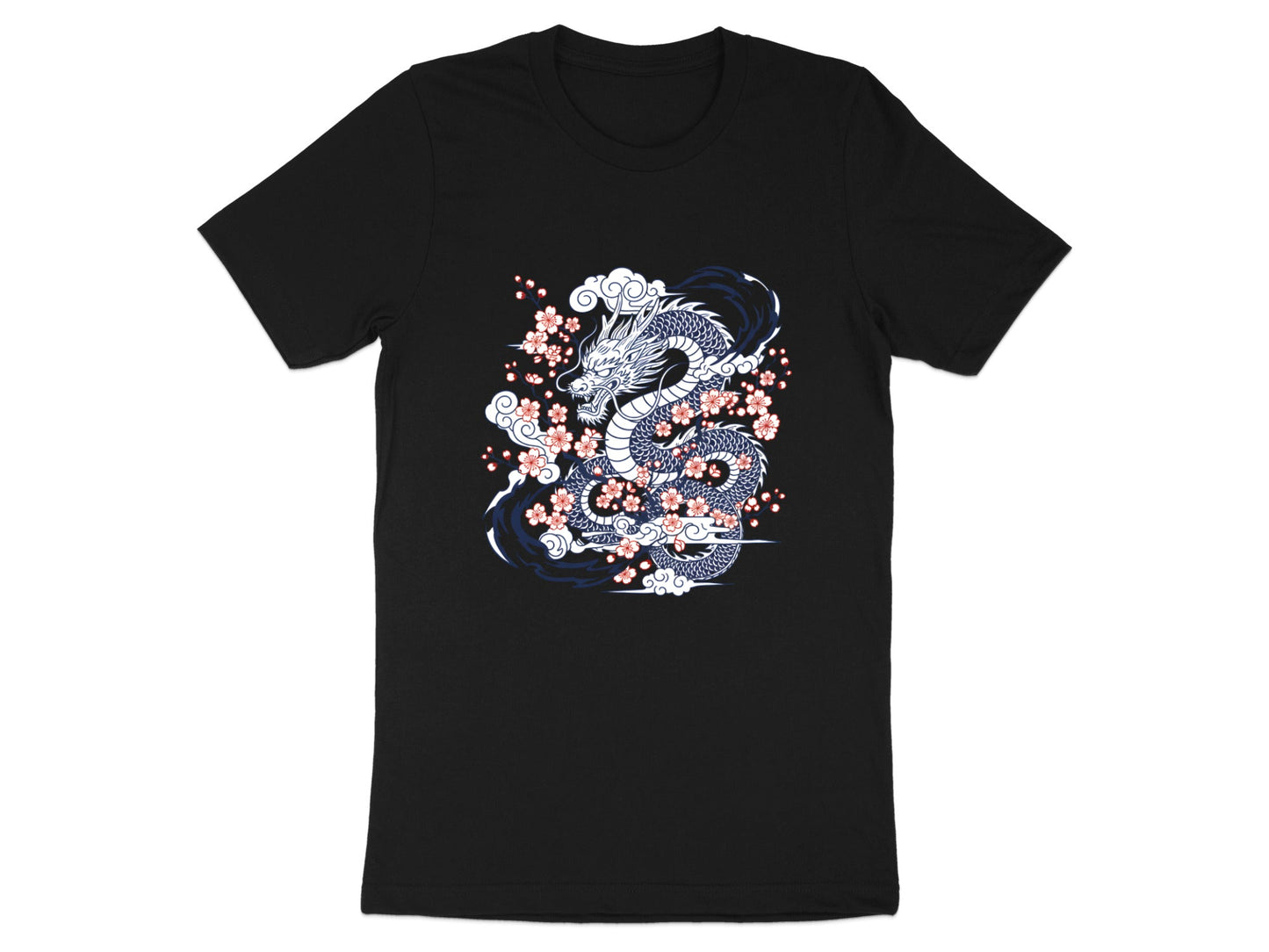 Blue Dragon & Cherry Blossoms T-Shirt - Oriental Art Style
