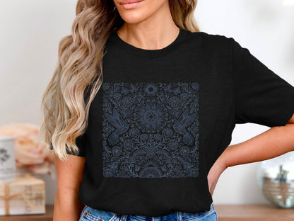 Blue Hummingbird & Floral Mandla T-Shirt - Intricate Line Art