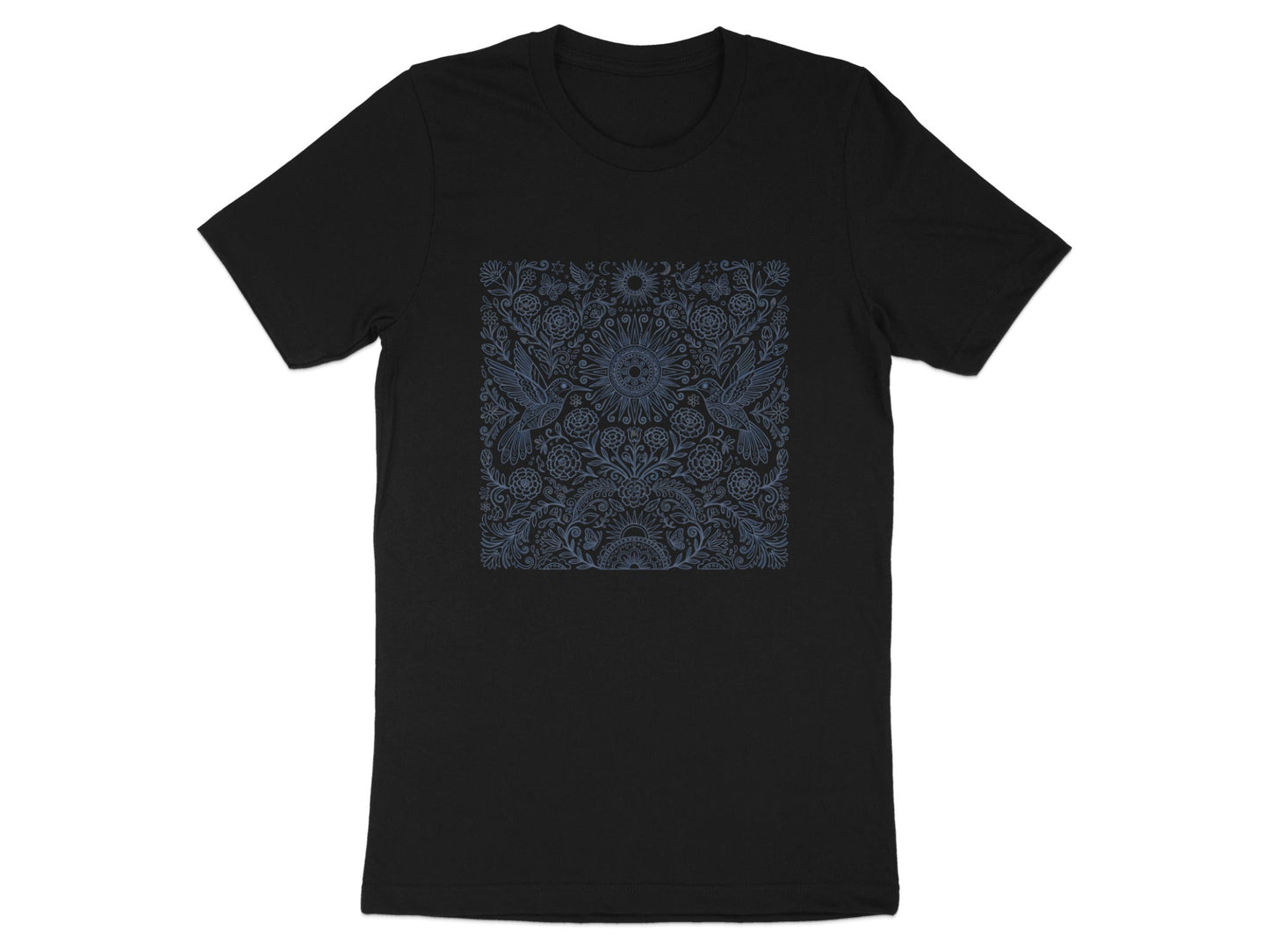 Blue Hummingbird & Floral Mandla T-Shirt - Intricate Line Art