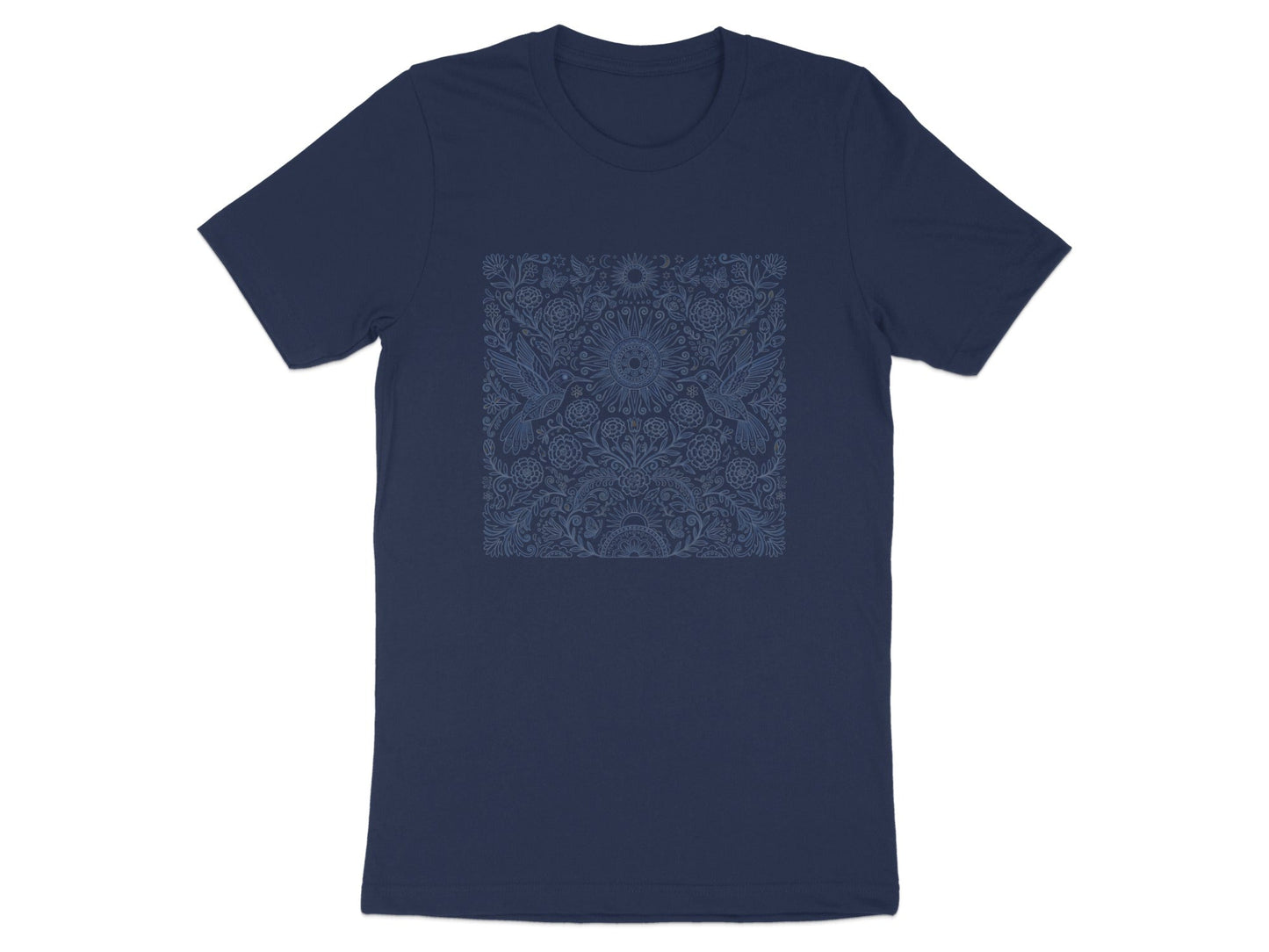 Blue Hummingbird & Floral Mandla T-Shirt - Intricate Line Art