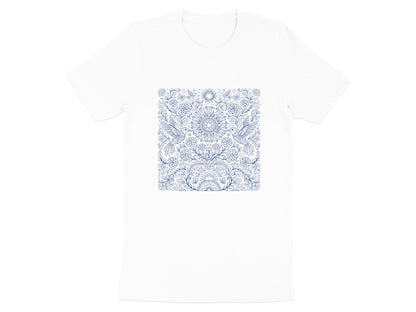 Blue Hummingbird & Floral Mandla T-Shirt - Intricate Line Art