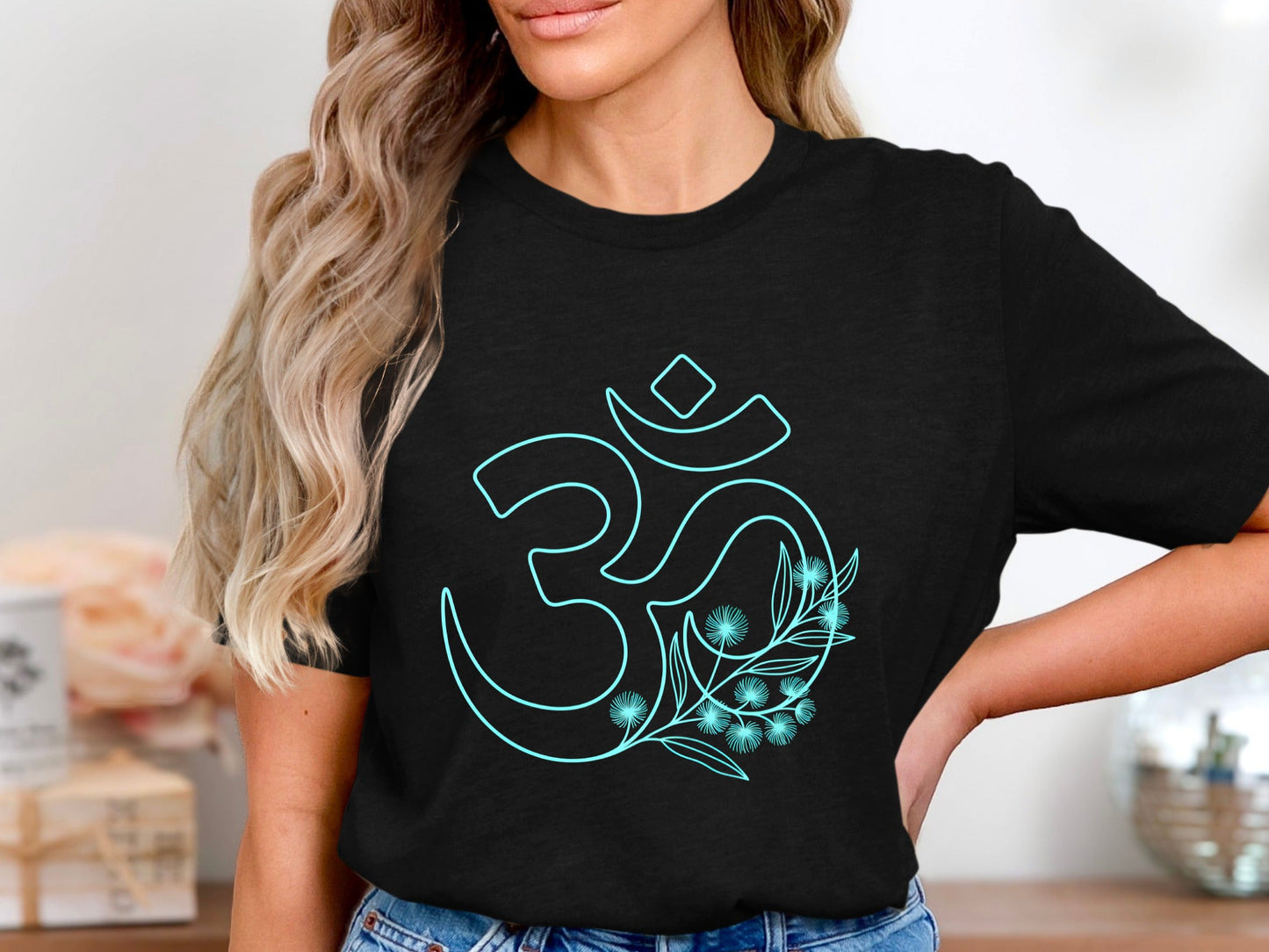Blue Floral Om Symbol T-Shirt