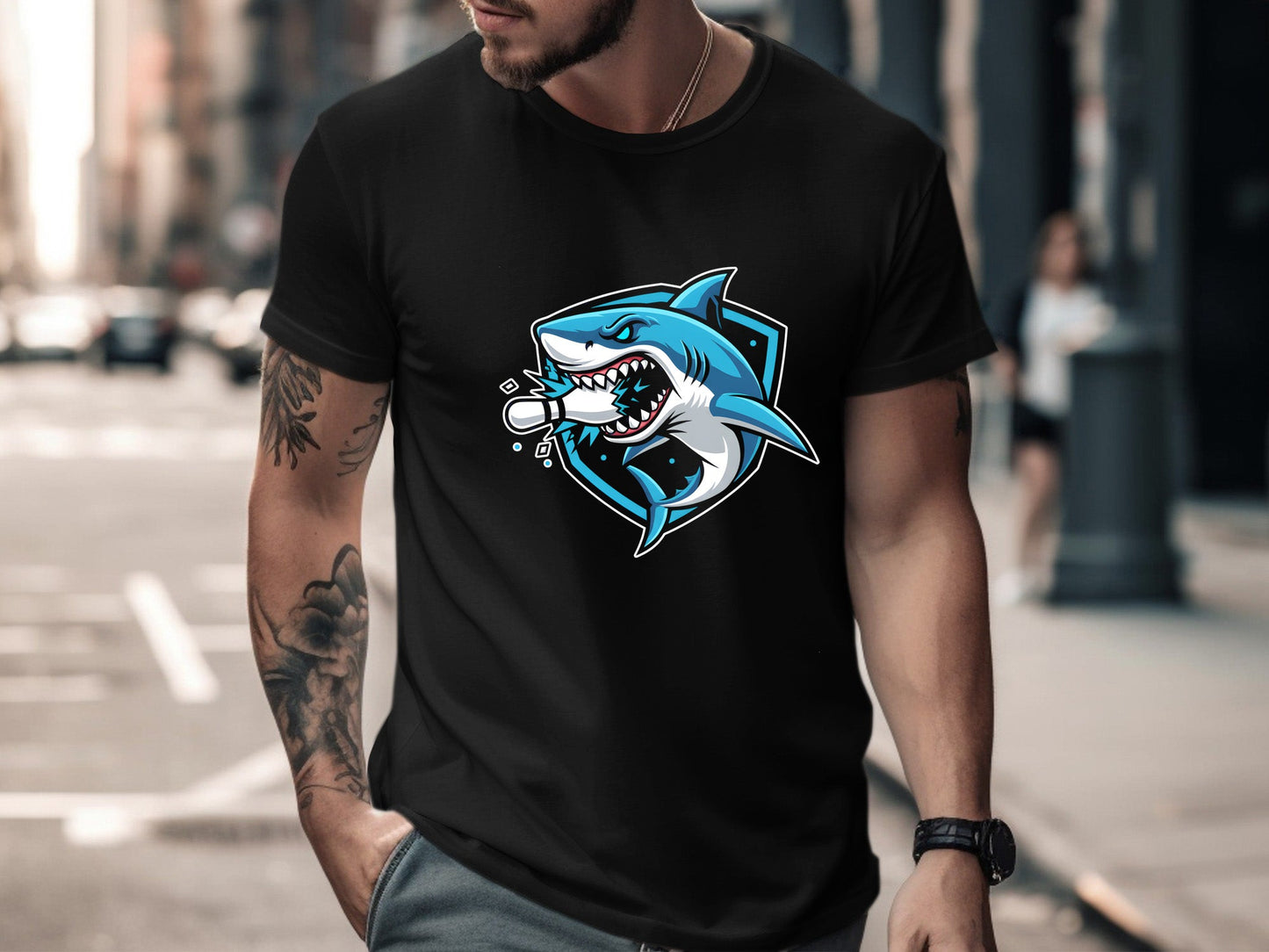 Shark Strike Bowling Pin Mascot T-Shirt